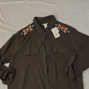 Green Shirt with Colorful Embroidered Shoulders SKU21